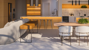 Acabamentos internos minuciosos e discretos em um apartamento da Swell, refletindo a excelência do quiet luxury e a engenharia de precisão.
